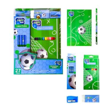 Imagem de Kit Escolar Artístico Futebol, 27 Peças com 12 Lápis Pretos 12 Lápis Coloridos 1 Caderno para Desenhos 1 Apontador 1 Borracha
