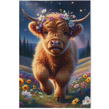 Imagem de Quebra-cabeça de vaca Highland com estampa floral de bezerro de 1000 peças, para adultos, jogos, arte, difícil, para amantes, presentes para família, 75 x 50 cm