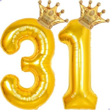 Imagem de 31 balões com números dourados de 101,6 cm para decorações de aniversário de 31 anos para homens e mulheres, balões gigantes de Mylar de 31 anos
