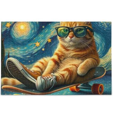 Imagem de Quebra-cabeça de gato fofo noite estrelada para adultos personalizado 1000 peças para amantes presentes família quebra-cabeça divertido família paisagem floral, 75 cm x 50 cm