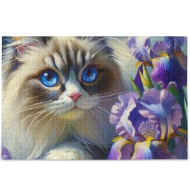 Imagem de Ragdoll Quebra-cabeças para adultos com íris de gato, 1000 peças, presentes para amantes de quebra-cabeças, arte rígida, pintura de arte floral, 75 x 50 cm