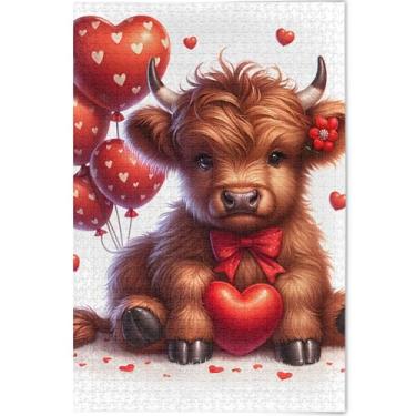 Imagem de Highland Cow Valentine Quebra-cabeças fofos 500 peças presentes para adultos jogo elefante branco personalizado divertido brinquedo adulto pintura animal, 52 cm x 37,8 cm