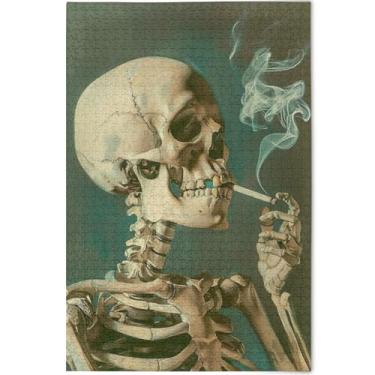 Imagem de Quebra-cabeça de pintura esqueleto fumando personalizado 1000 peças para adultos jogo engraçado legal Prime quebra-cabeças impressão animal arte decoração, 75 cm x 50 cm