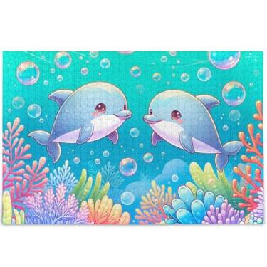 Imagem de Quebra-cabeça fofo de golfinhos com bolhas, 1000 quebra-cabeças para adultos, decoração de arte animal, quebra-cabeças difíceis personalizados, presentes de jogo de quebra-cabeça engraçados, 75 x 50
