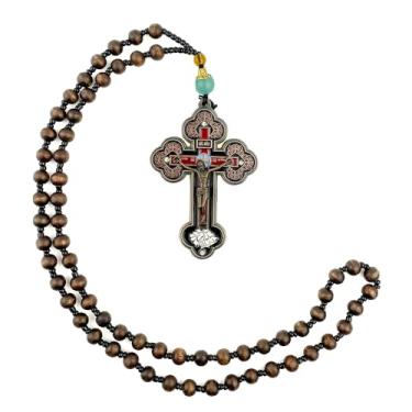 Imagem de RZRHMUHN Colar de cruz de contas de rosário de madeira, pingente de cruz católica, colar de cruz católica, crucifixo de Jesus religioso (vermelho)