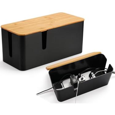 Imagem de ZhiYo Caixa de gerenciamento de cabos com tampa de bambu, pacote com 2, caixa de cabos preta média e grande, organizador de fios para esconder protetor contra sobretensão, fios de mesa/TV/computador