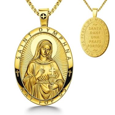 Imagem de Colar com pingente de proteção de ansiedade Saint Dymphna, banhado a cobre, pingente religioso de ouro real com oração gravada, corrente de 40 cm, caixa de presente de joias hipoalergênica do santo
