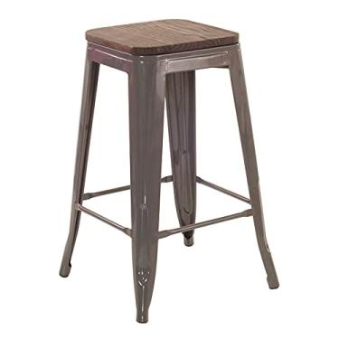 Imagem de Loft7, Banqueta Iron Tolix com assento de madeira rústica escura - 66 cm - Cinza escuro