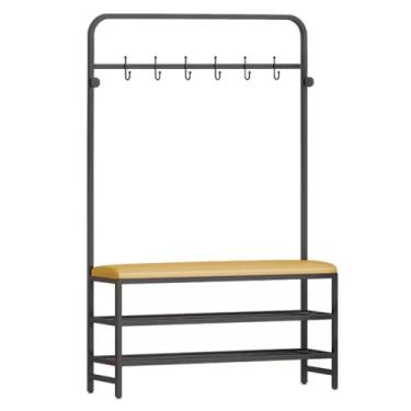 Imagem de Banco de armazenamento de sapatos de entrada de metal com ganchos para chapéus, prateleira de armazenamento de 3 níveis, banco de armazenamento de árvore 3 em 1 e cabideiro para corredor, mudroom