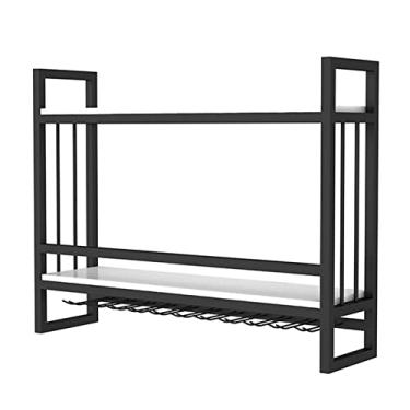 Imagem de Rack de vinho, suporte de garrafa de vinho preto montado na parede, prateleira de armazenamento de taça de vidro pendurada, organizador de prateleiras de vinho flutuantes de ferro para bar restaurante