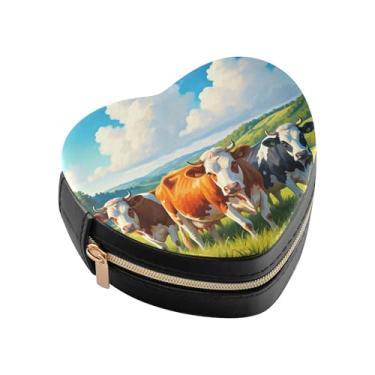 Imagem de Burbuja Beautifull Caixa de joias em forma de coração de vacas mini estojo de joias de viagem para mulheres e meninas, estojo portátil organizador de armazenamento para brincos, anéis, colares e