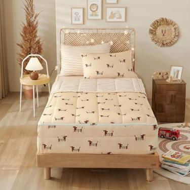 Imagem de Erwinmu Jogo de cama infantil com estampa de dachshund com zíper, 3 peças, marrom, tudo em uma bolsa, fácil de fazer e lavar, inclui lençol com elástico e fronha, solteiro