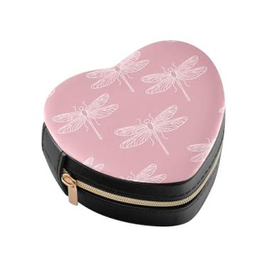 Imagem de Burbuja Caixa de joias libélulas em formato de coração rosa macio mini estojo de joias de viagem para mulheres e meninas, estojo portátil organizador de armazenamento para brincos, anéis, colares e
