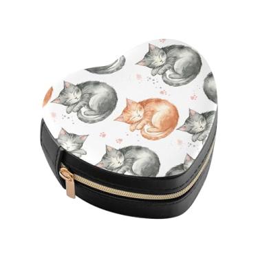 Imagem de Burbuja Caixa de joias em forma de coração de gatos dormindo mini estojo de joias de viagem para mulheres e meninas, estojo portátil organizador de armazenamento para brincos, anéis, colares e