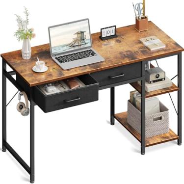 Imagem de Coleshome Mesa de computador pequena com gavetas, mesa de escritório em casa reversível de 101 cm com tomada elétrica, mesa de estudo para laptop com prateleiras de armazenamento para quarto, espaço