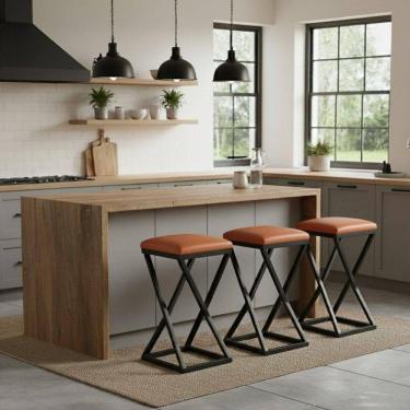 Imagem de Kit 3 Banco Banqueta 80 Cm Alta Bancada Gourmet Bistrô Corino Cor:caramelo