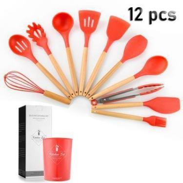 Imagem de Kit 12 Utensílios de Cozinha em Madeira e Silicone - VERMELHO - CONNEC