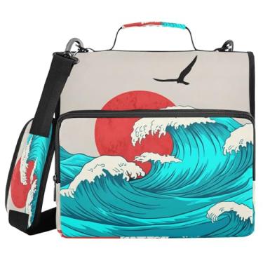 Imagem de SEHANY Fichário japonês Seawave com alça de ombro, capacidade para 500 folhas, vários bolsos, 3 cm, 3 anéis Trapper Keeper