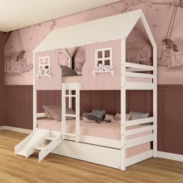 Imagem de Treliche Casinha Encantada Com Kit Escada/ Escorregador Madeira Maciça Rosa/ Branco Megamobilia