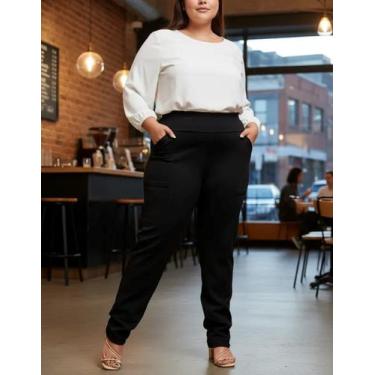 Imagem de Calça Plus Size Feminina Cintura Alta Moda Malha Crepe Zero Transparên