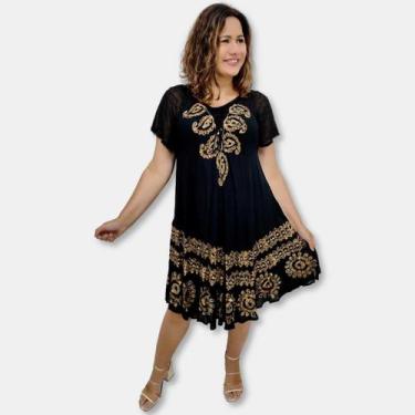 Imagem de Vestido Trapézio Manga Curta Batik Bordado Plus Size cordão - Sarat Mo
