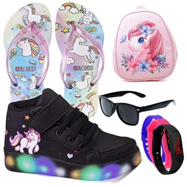 Imagem de Botinha De Led Led Feminino Unicornio Meninas Calce Facil + Mochila + Chinelo e Brindes Cor:Preto; Tamanho:29