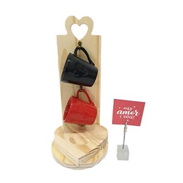 Imagem de Kit Suporte Jogo Caneca Xícara Café Coração Namorados Casal (Vermelho e Preto)