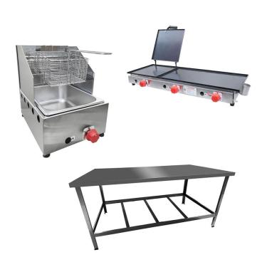 Imagem de Kit Lanchonete Mesa de Manipulação 120x55cm + Fritadeira a Gás 1 Cuba + Chapa a Gás 90cm Alcamar