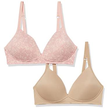Imagem de Warner's Sutiã feminino Blissful Benefits sem fio levanta camiseta pacote com 2 04003w, Floral/amêndoa torrada listrada rosa prateada, 36D