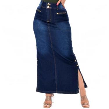 Imagem de Saia Longa Jeans com Abertura Lateral e Elastano - EWF Jeans - Azul Escuro (BR, Numérico, 36, Regular, Regular)