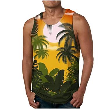 Imagem de Coletes masculinos outono verão gola canoa estampa floral pista academia praia havaiana camiseta regata tropical masculina 2024, X-526 amarelo mostarda, XXG