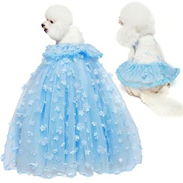 Imagem de Vestidos de casamento para cães saia tutu com cauda removível para cães pequenos e médios roupa formal roupas de princesa para festa à fantasia de aniversário (conjunto azul, P)
