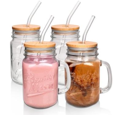 Imagem de ANOTION Copos de vidro Mason Jar - 473 ml, potes de vidro com tampas e canudos, copo de café gelado, frasco de pedreiro, garrafas de suco, copo de smoothie, canecas fofas, garrafa de leite de vidro,
