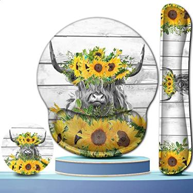 Imagem de Mouse pad sem fio com suporte de pulso, mouse pad de gel ergonômico e teclado de pulso de espuma de memória macia, para digitação de escritório, jogos sem fio, tapete de mesa sem fio, vaca fofa das montanhas e girassóis, mousepads brancos