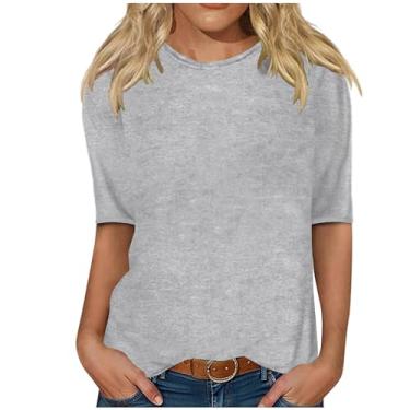 Imagem de Camisetas femininas de manga curta cor sólida meia manga casual túnica camiseta ajuste solto para leggings tops de verão para mulheres na moda, Cinza, GG