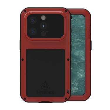 Imagem de LOVE MEI Capa de metal para iPhone 15 Pro, capa de proteção de corpo inteiro resistente ao ar livre com armadura militar amortecedora de alumínio à prova de poeira à prova de choque com vidro