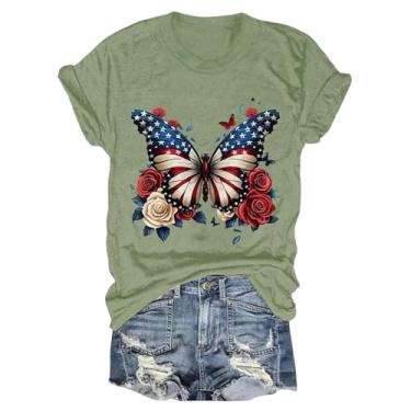 Imagem de Camisetas femininas com bandeira americana 4th of July Butterfly Graphic Short Sleeve Patriotic Tees gola redonda casual verão engraçado tops 2024, Verde menta, M