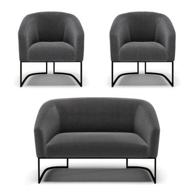 Imagem de Sofá Namoradeira E 2 Poltronas Base Industrial Preto Stella Bouclê D03 - D`rossi Cor Grafite