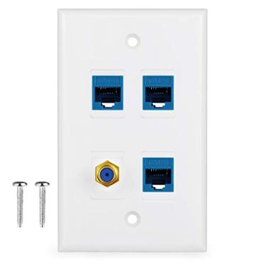 Imagem de Placa de parede de 4 portas com cabo de TV coaxial banhado a ouro tipo F + 3 portas Ethernet Cat6 fêmea para fêmea em branco ...