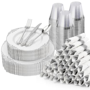 Imagem de Bestluck 350 pratos de plástico prata para 50 convidados, conjuntos de louça descartáveis incluem 100 pratos de plástico de aro de prata, 50 talheres, 50 guardanapos pré-enrolados para festa,