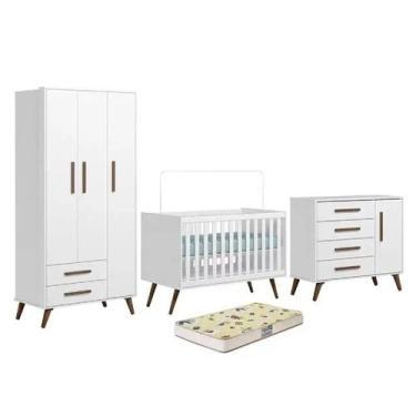 Imagem de Quarto de Bebê Completo Com Colchão Q Encanto Retrô Branco Acetinado -