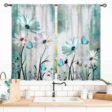Imagem de Cortinas de margarida branca azul-petróleo, flores modernas, retrô, floral, primavera, borboleta, rural, estilo rústico, turquesa, pequenas cortinas de janela curta para sala de estar, quarto,