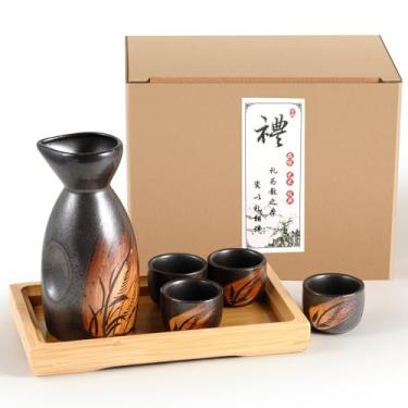 Imagem de Skyley Conjunto de saquê japonês com bandeja conjunto de copos de saki tradicional coreano soju vidro cerâmica presentes japoneses para vinho frio presentes de Natal (madeira, grama)