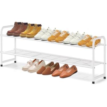 Imagem de KEETDY Sapateira longa de 2 camadas para organizador de sapatos de entrada de armário para 18 pares de tênis, prateleira de armazenamento de sapatos empilhável de metal com grade de arame para quarto,