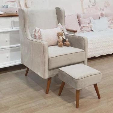 Imagem de Poltrona Amamentação Aquila Com Puff Pés Madeira Veludo Bege Claro- Co
