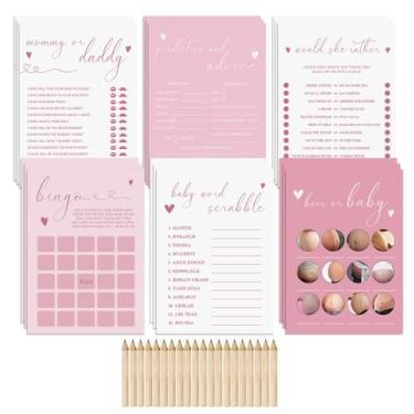 Imagem de Cartões rosa para chá de bebê, prêmios para conjunto de jogos de chá de bebê, bingo de jogo de chá de bebê, inclui mamãe ou papai, confusão de palavras de bebê, 6 jogos de previsão e conselhos, com 20