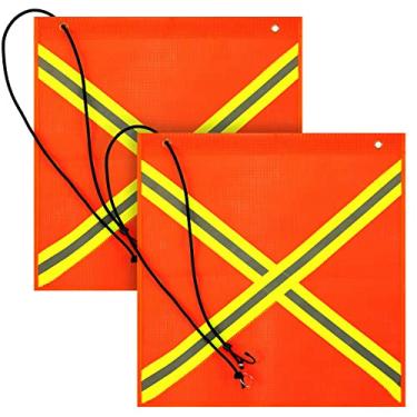 Imagem de Bandeira de segurança de 45,7 x 45,7 cm, 2 peças, bandeira de aviso de malha à prova de intempéries com ilhós e cordão elástico e faixa refletiva dupla face para caminhão, caça, bicicleta, reboque