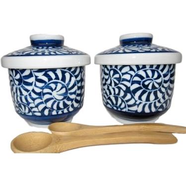 Imagem de Copos de porcelana japonesa Chawan-mushi com tampa e colher, 9 x A 10 cm, 19 ml, padrão arabesco Mino Ware Karakusa, conjunto de 2 TG16921 do Japão