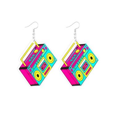 Imagem de Palotay Brincos de fita cassete dos anos 70, 80, brincos de neon, brincos de acrílico, para roupas dos anos 80, 90, brincos de relâmpago de Halloween para acessórios dos anos 80, Metal, Sem pedra