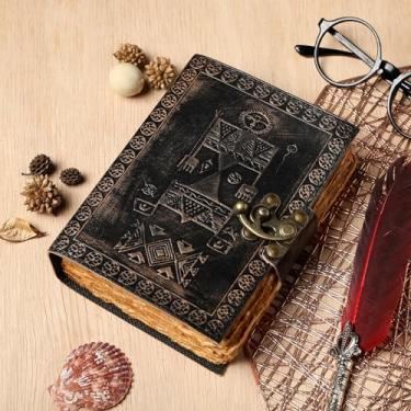 Imagem de Purpledip Diário de couro com design em relevo "totem", papel de algodão feito à mão, sem árvores, com bordas em acabamento antigo, cadeado vintage, 188 páginas, presente ecológico (12727)